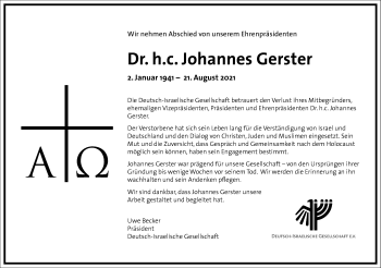 Traueranzeige von Johannes Gerster von Frankfurter Allgemeine Zeitung