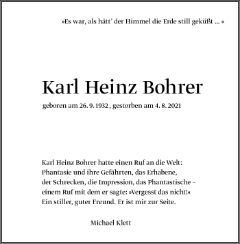 Traueranzeige von Karl Heinz Bohrer von Frankfurter Allgemeine Zeitung