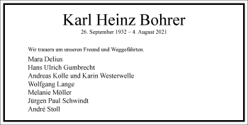 Traueranzeige von Karl Heinz Bohrer von Frankfurter Allgemeine Zeitung