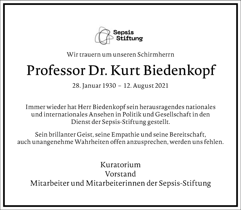  Traueranzeige für Kurt Biedenkopf vom 18.08.2021 aus Frankfurter Allgemeine Zeitung