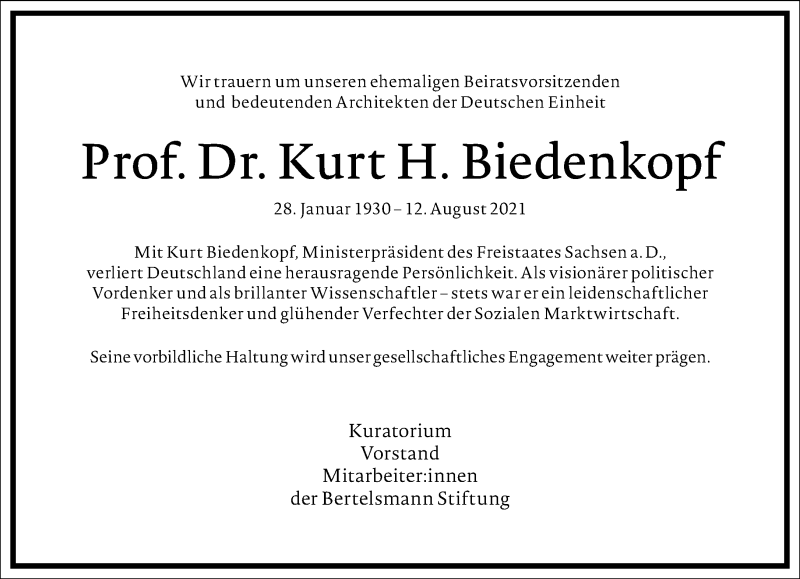  Traueranzeige für Kurt H. Biedenkopf vom 17.08.2021 aus Frankfurter Allgemeine Zeitung