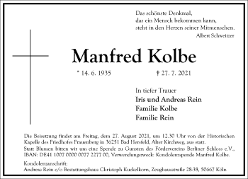 Traueranzeige von Manfred Kolbe von Frankfurter Allgemeine Zeitung