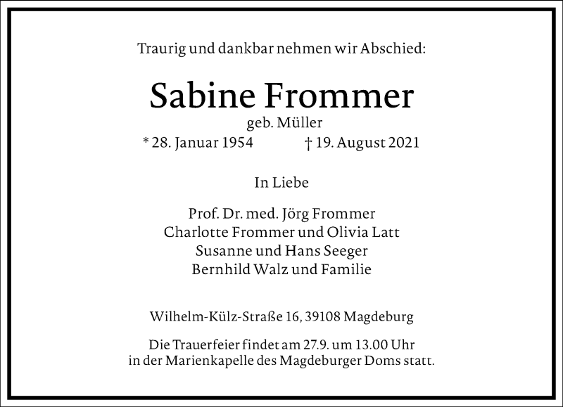  Traueranzeige für Sabine Frommer vom 28.08.2021 aus Frankfurter Allgemeine Zeitung