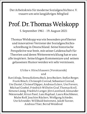 Traueranzeige von Thomas Welskopp von Frankfurter Allgemeine Zeitung