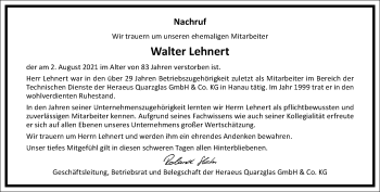 Traueranzeige von Walter Lehnert von Frankfurter Allgemeine Zeitung