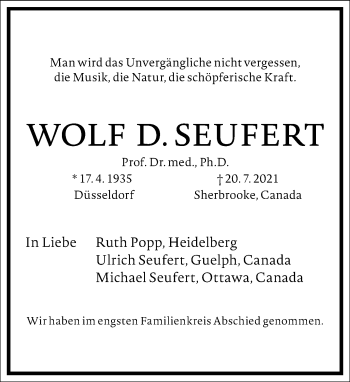 Traueranzeige von Wolf Seufert von Frankfurter Allgemeine Zeitung