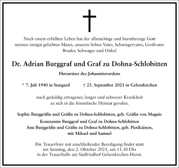 Traueranzeige von Adrian Burggraf und Graf zu Dohna-Schlobitten von Frankfurter Allgemeine Zeitung
