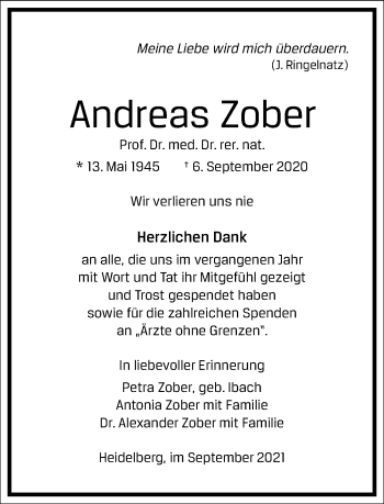 Traueranzeige von Andreas Zober von Frankfurter Allgemeine Zeitung