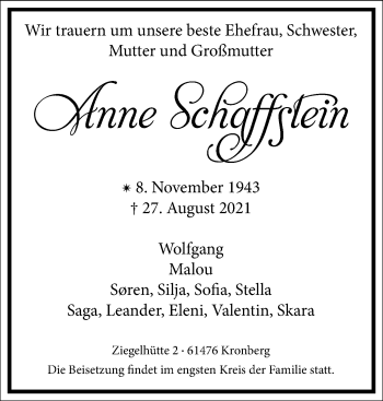 Traueranzeige von Anne Schaffstein von Frankfurter Allgemeine Zeitung