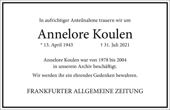 Traueranzeige von Annelore Koulen von Frankfurter Allgemeine Zeitung