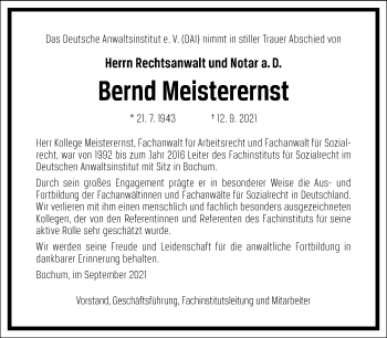 Traueranzeige von Bernd Meisterernst von Frankfurter Allgemeine Zeitung