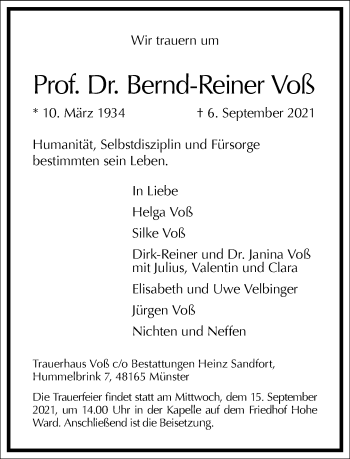 Traueranzeige von Bernd-Reiner Voß von Frankfurter Allgemeine Zeitung