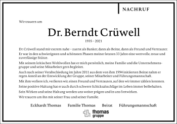 Traueranzeige von Berndt Crüwell von Frankfurter Allgemeine Zeitung