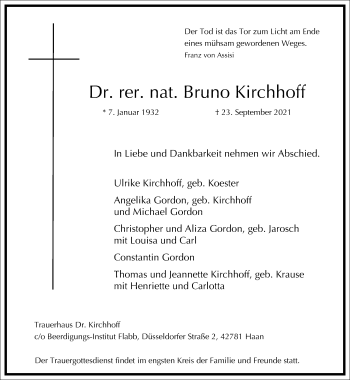 Traueranzeige von Bruno Kirchhoff von Frankfurter Allgemeine Zeitung