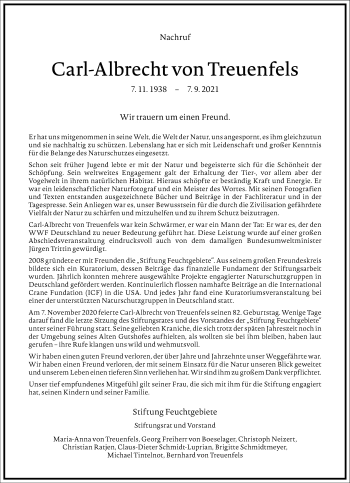 Traueranzeige von Carl-Albrecht von Treuenfels von Frankfurter Allgemeine Zeitung