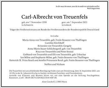 Traueranzeige von Carl-Albrecht von Treuenfels von Frankfurter Allgemeine Zeitung