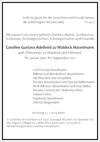 Traueranzeige von Caroline Gustava Adelheid zu Waldeck Hasselmann von Frankfurter Allgemeine Zeitung