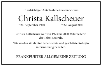 Traueranzeige von Christa Kallscheuer von Frankfurter Allgemeine Zeitung