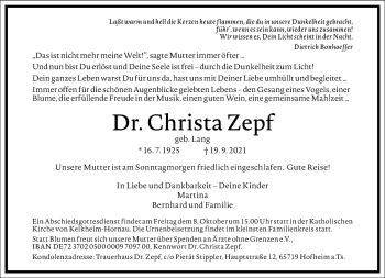 Traueranzeige von Christa Zepf von Frankfurter Allgemeine Zeitung