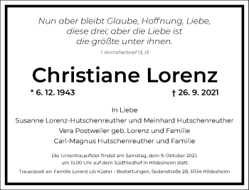 Traueranzeige von Christiane Lorenz von Frankfurter Allgemeine Zeitung