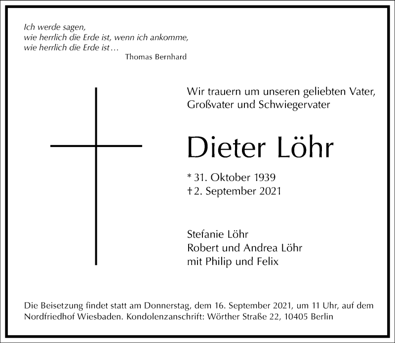  Traueranzeige für Dieter Löhr vom 11.09.2021 aus Frankfurter Allgemeine Zeitung