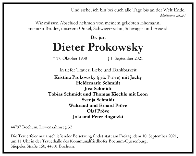  Traueranzeige für Dieter Prokowsky vom 04.09.2021 aus Frankfurter Allgemeine Zeitung