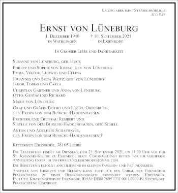 Traueranzeige von Ernst von Lüneburg von Frankfurter Allgemeine Zeitung