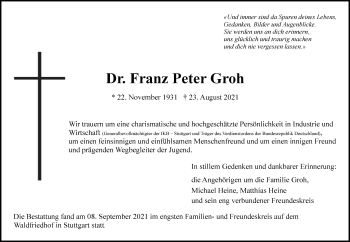 Traueranzeige von Franz Peter Groh von Frankfurter Allgemeine Zeitung