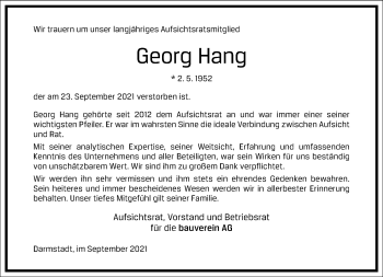 Traueranzeige von Georg Hang von Frankfurter Allgemeine Zeitung