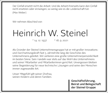 Traueranzeige von Heinrich W. Steinel von Frankfurter Allgemeine Zeitung