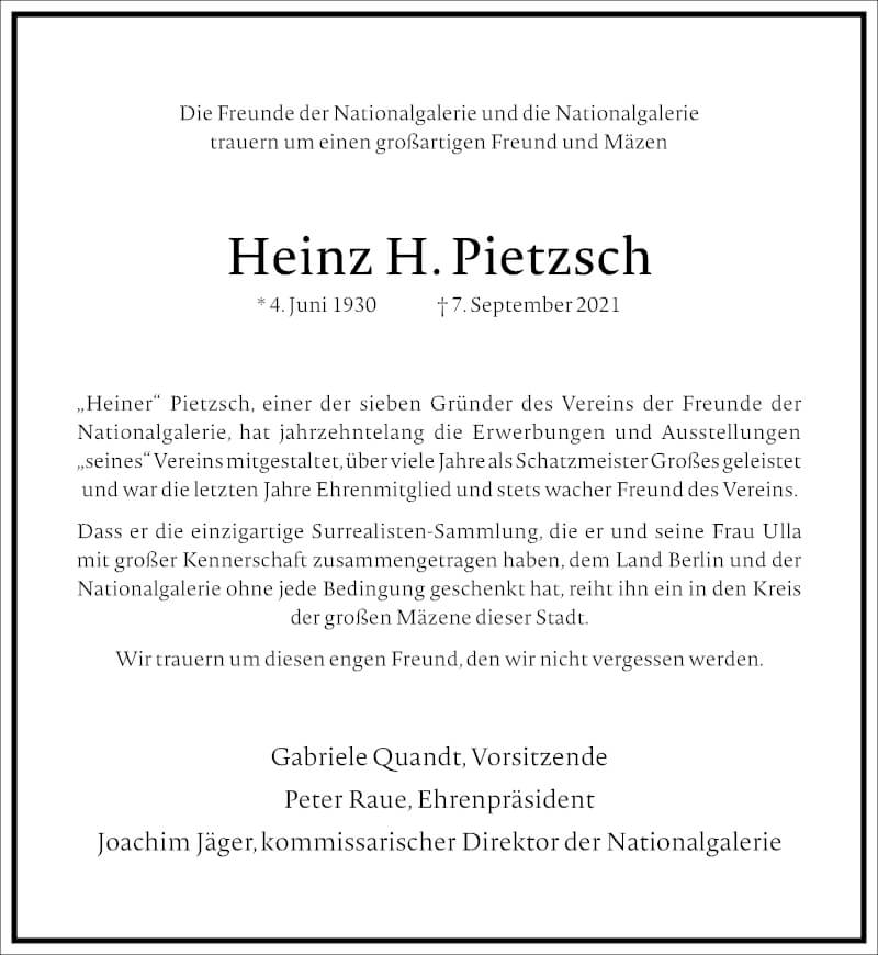  Traueranzeige für Heinz H. Pietzsch vom 18.09.2021 aus Frankfurter Allgemeine Zeitung
