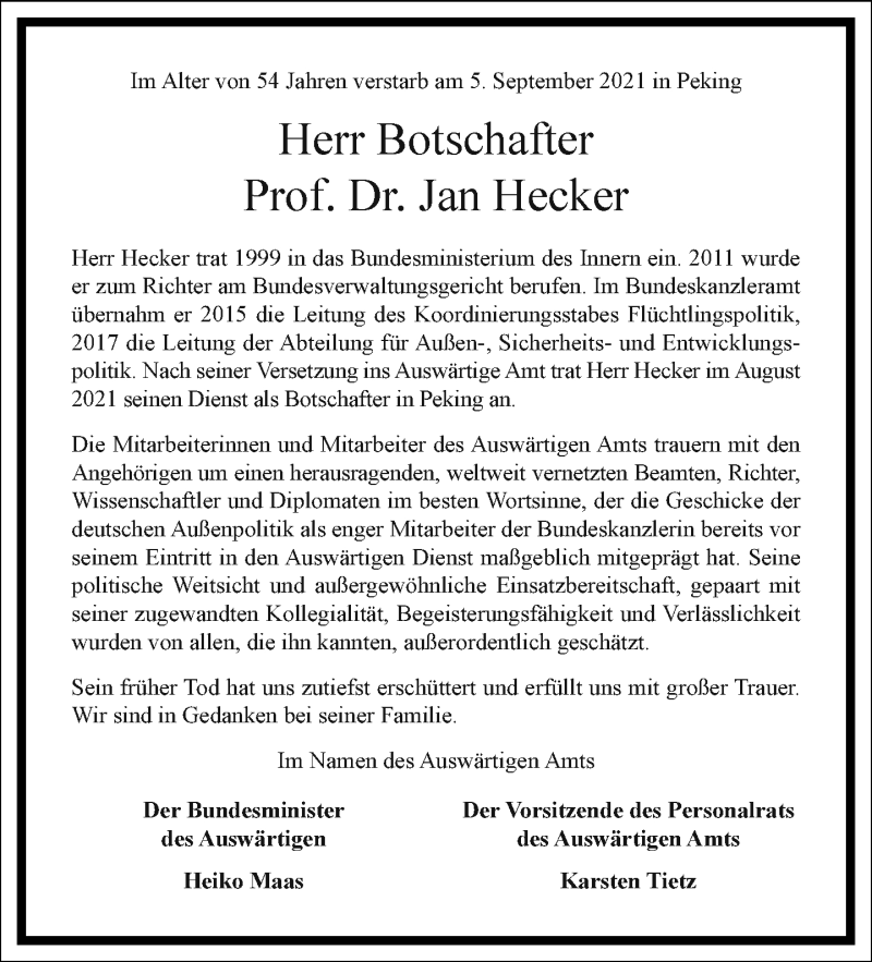  Traueranzeige für Jan Hecker vom 11.09.2021 aus Frankfurter Allgemeine Zeitung