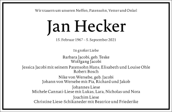 Traueranzeige von Jan Hecker von Frankfurter Allgemeine Zeitung