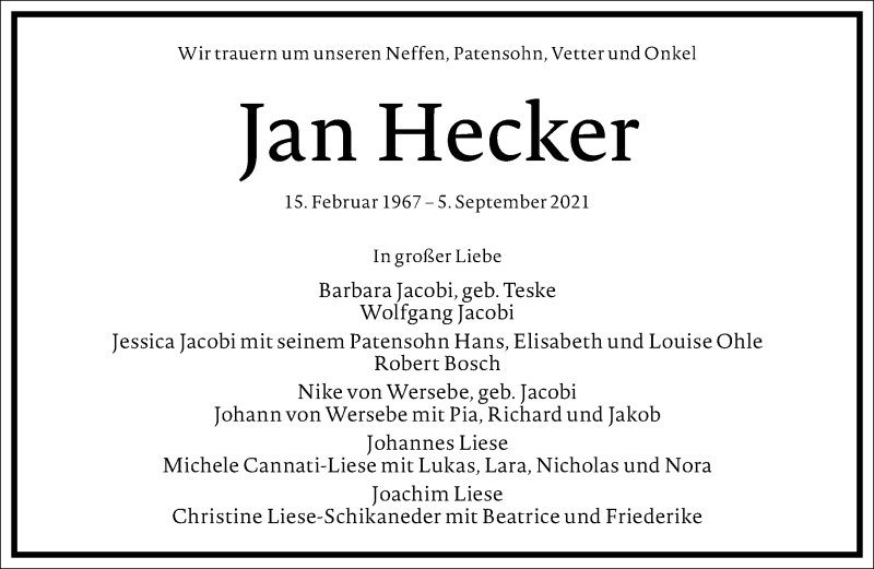  Traueranzeige für Jan Hecker vom 14.09.2021 aus Frankfurter Allgemeine Zeitung