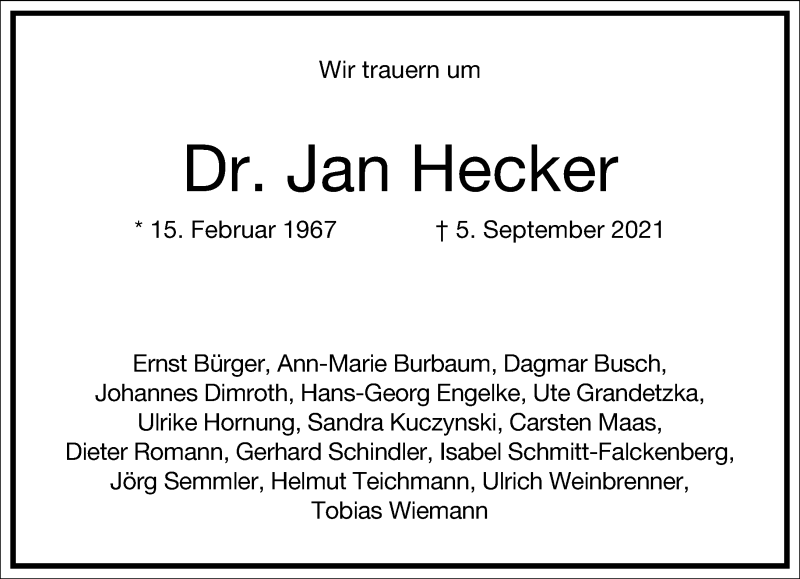  Traueranzeige für Jan Hecker vom 11.09.2021 aus Frankfurter Allgemeine Zeitung