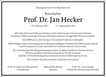Traueranzeige von Jan Hecker von Frankfurter Allgemeine Zeitung