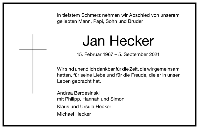  Traueranzeige für Jan Hecker vom 14.09.2021 aus Frankfurter Allgemeine Zeitung
