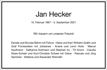 Traueranzeige von Jan Hecker von Frankfurter Allgemeine Zeitung