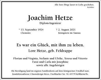 Traueranzeige von Joachim Hetze von Frankfurter Allgemeine Zeitung