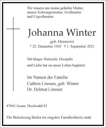 Traueranzeige von Johanna Winter von Frankfurter Allgemeine Zeitung