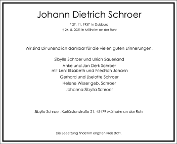 Traueranzeige von Johann Dietrich Schroer von Frankfurter Allgemeine Zeitung