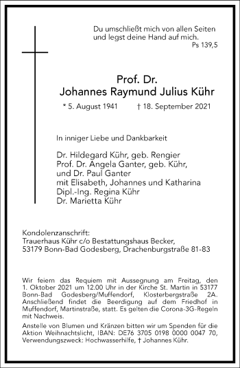 Traueranzeige von Johannes Raymund Julius Kühr von Frankfurter Allgemeine Zeitung