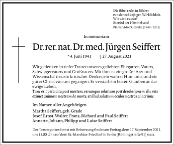 Traueranzeige von Jürgen Seiffert von Frankfurter Allgemeine Zeitung