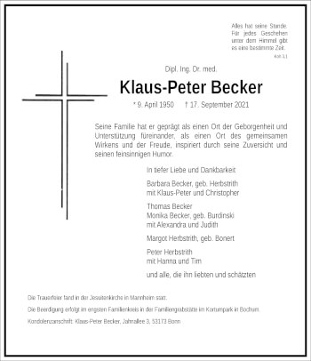 Traueranzeige von Klaus-Peter Becker von Frankfurter Allgemeine Zeitung