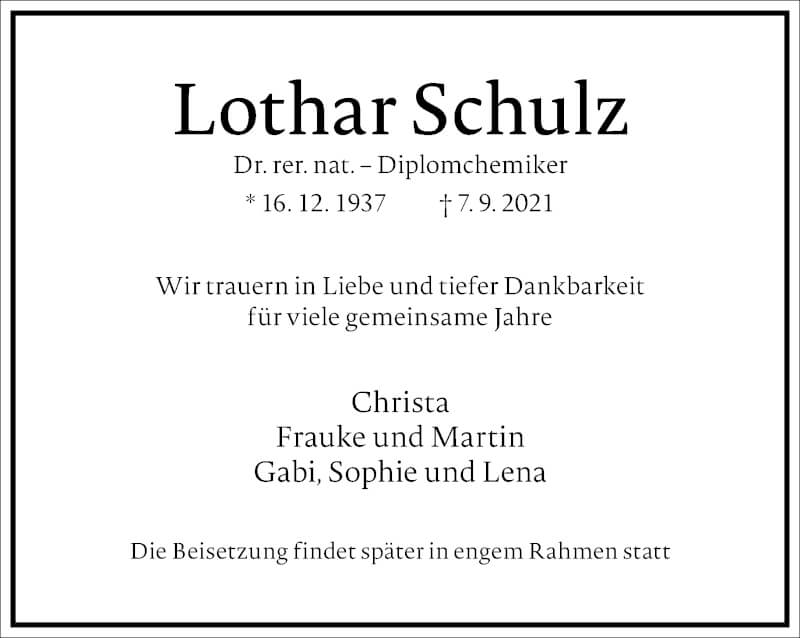  Traueranzeige für Lothar Schulz vom 18.09.2021 aus Frankfurter Allgemeine Zeitung