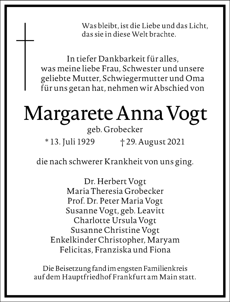  Traueranzeige für Margarete Anna Vogt vom 07.09.2021 aus Frankfurter Allgemeine Zeitung