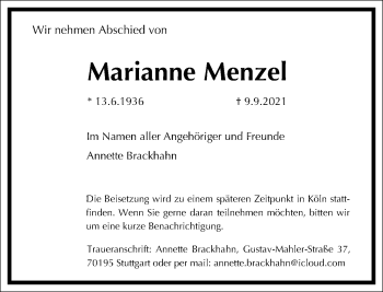 Traueranzeige von Marianne Menzel von Frankfurter Allgemeine Zeitung