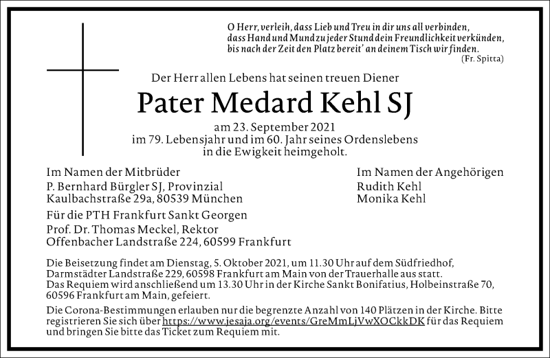  Traueranzeige für Medard Kehl SJ vom 30.09.2021 aus Frankfurter Allgemeine Zeitung