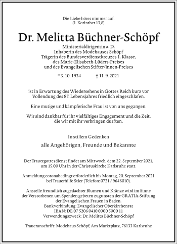 Traueranzeige von Melitta Büchner-Schöpf von Frankfurter Allgemeine Zeitung