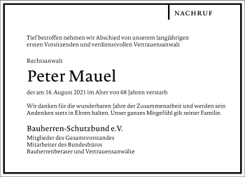 Traueranzeige von Peter Mauel von Frankfurter Allgemeine Zeitung